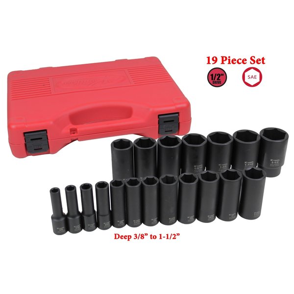 K-Tool International 1/2" Drive Socket Set, SAE, 19 pcs KTI-33202